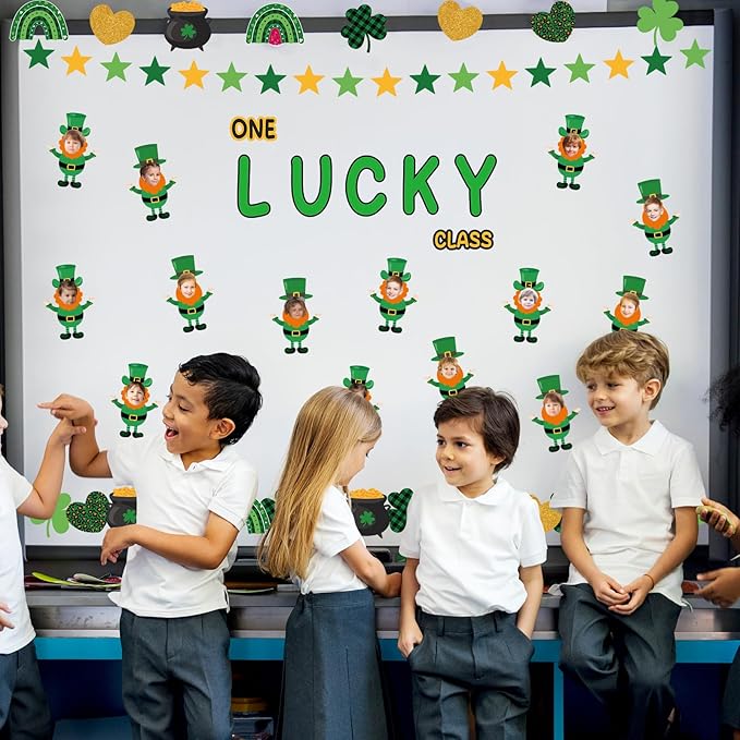 108 Pcs St. Patrick's Day Bulletin Board Sets One Lucky Class St. Patrick's Day Leprechaun Classroom Bulletin Board for Irish Holiday Party Supplies Home Classroom Chalkboard Wall Door Decor