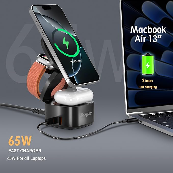 Energizer Foldable Apple Magsafe Charging Station with 65W USB C Fast Charger,5 in 1 Magnetic Wireless Charger Stand Dock for Multiple Devices iPhone 16 15 14 13 Pro Max Apple Watch AirPods MacBook