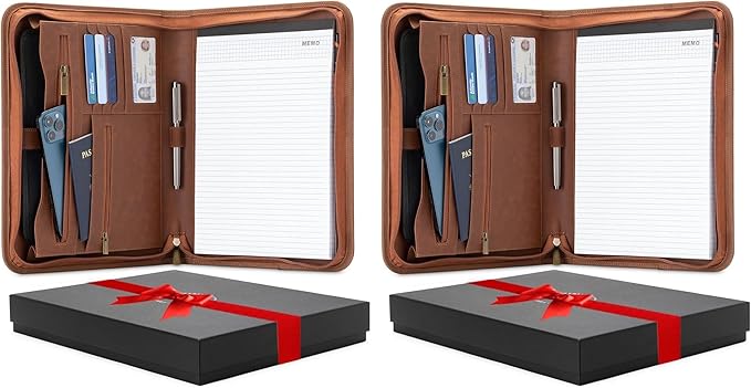 Forevermore Portfolios Padfolio Binder - Professional Faux Leather Travel Organizer Pouch for Tablet, Documents, Presentation Folders, Zipper Closure, Notepad - Brown (Pack of 2)