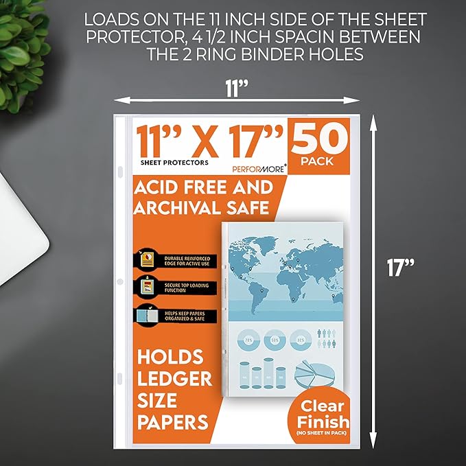 Performore 11 x 17 Sheet Protectors with 90 Microns Thick, Portrait View, Top Loading, Protect, Store and Display 11X17 Paper, Photographs, Prints, and Documents, 50 Pack