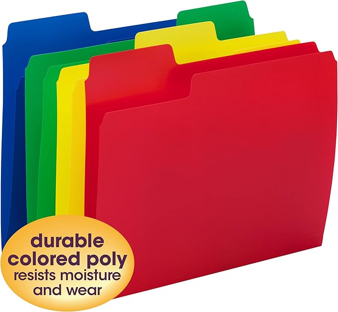 Smead Poly File Folders, SuperTab, 1/3-Cut Tabs, File Folders Letter Size, Assorted Primary Colors, Office Supplies, School Supplies, 12 Count (10516)