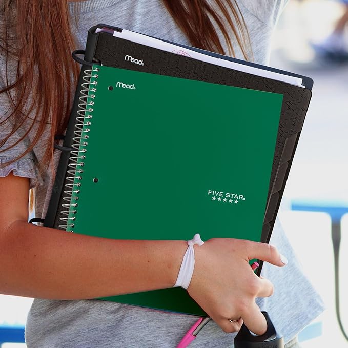 Five Star Spiral Notebook + Study App, 3 Subject, Wide Ruled Paper, 8" x 10-1/2", 150 Sheets, Fights Ink Bleed, Water Resistant Cover, Forest Green (73176) (Pack of 6)