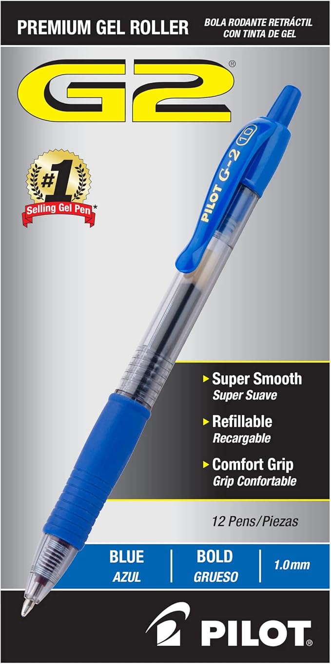 Pilot G2 Premium Gel Roller Pens, Bold Point 1 mm, Blue Ink Pens Bold Point, Pack of 12 - Ideal for School, Journaling, and Office Writing