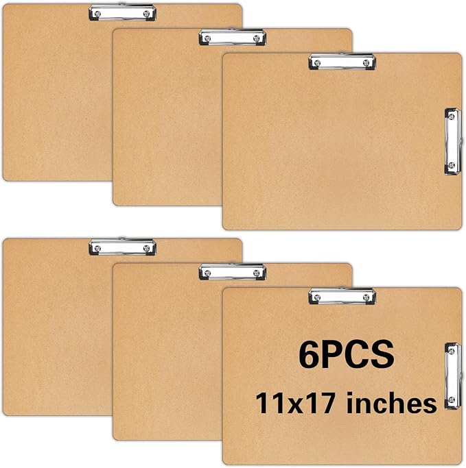 Extra Large 11x17 Clipboard, Wood Cleats with Low Profile Clips for Drawing, Sketching, and Art Boards, Horizontal Wood Lapping, Landscape Layout (3Mm Thickness) (6 pcs11 x 17 Double Clips clipboard)