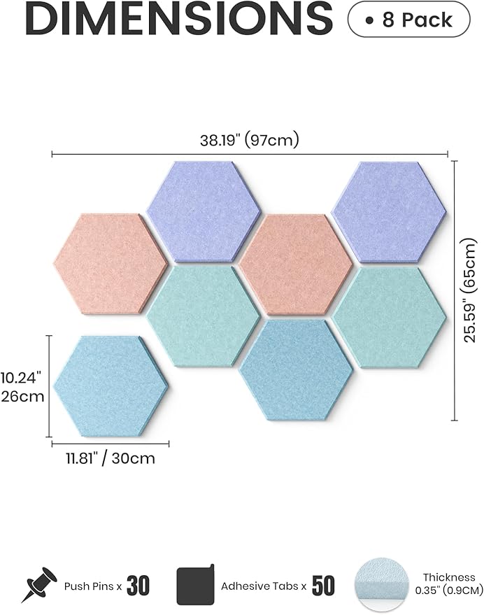 Fluxynara Hexagon Cork Board Alternative for Walls Decor-8-Pack Felt Bulletin Board Tiles,with 30 Pushpins,50 Adhesive Tabs for Office& Home Pin Board Felt Board-Coastal Haze