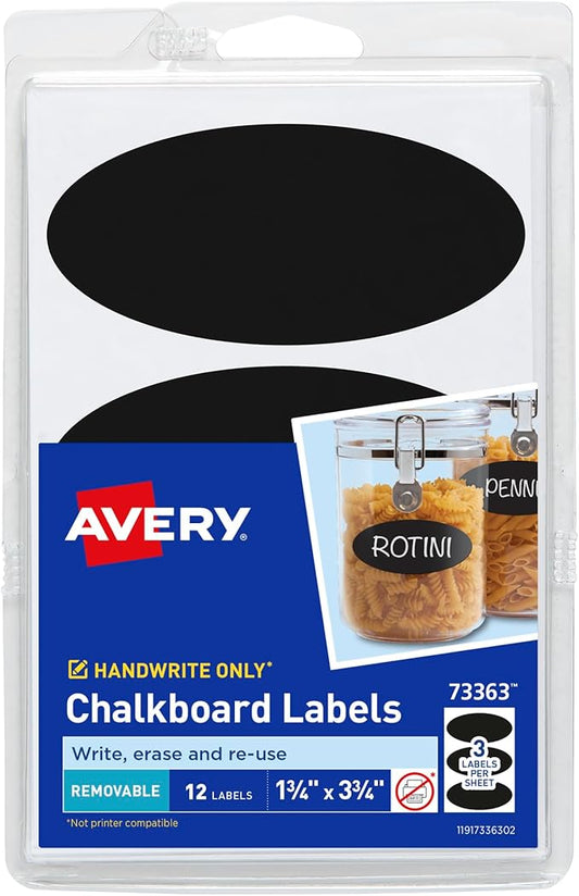 Avery Chalkboard Labels, 1.75" x 3.75" Oval Labels, Black, Non-Printable, 12 Total (73363)