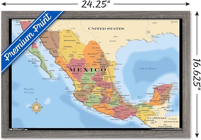 Trends International Map - Mexico Wall Poster, 14.725" x 22.375", Barnwood Framed Version