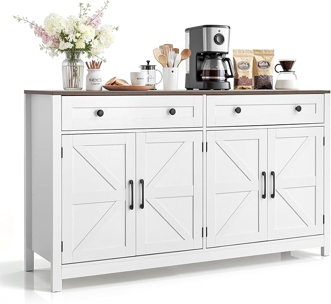 VEVOR Buffet Cabinet, Farmhouse Sideboard Cabinet with Drawer, Coffee Bar Cabinet with 4 Barn Door, Sideboard Buffet Station for Living Room, Entryway, Kitchen, 55.1 x 15.5 x 31.5 in, White