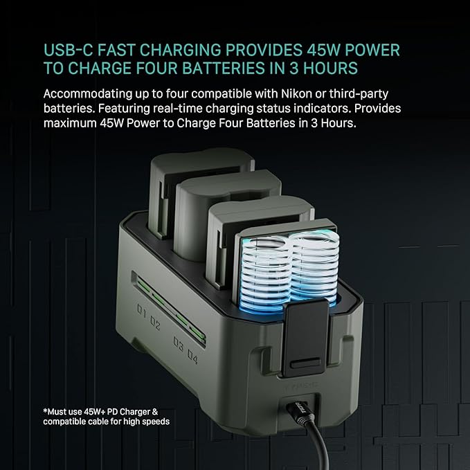Tilta EN-EL15C Charging Station Battery Kit with Four Rechargeable Batteries | Four-Slot USB-C Fast Charger | 45W PD | Status Indicators | Portable Design | Green