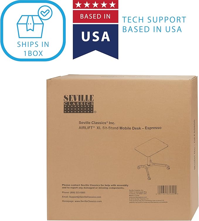 Seville Classics Airlift Height Adjustable Pneumatic Laptop Sit Stand Desk Mobile Rolling Cart, Computer Workstation for Home Office, Classroom, Espresso, 28" XL Desktop (New Model)