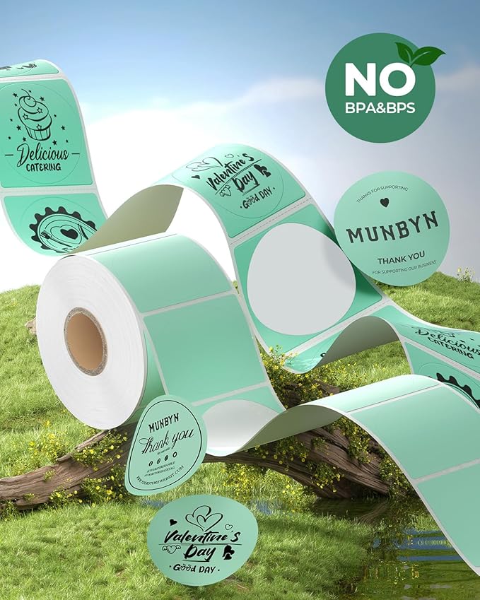MUNBYN 2 Inch Green Circle Thermal Sticker Labels, Self-Adhesive Round Direct Thermal Labels, Multi-Purpose Roll Sticker Labels for DIY Logo Design, QR Code, Name Tag, Inventory-750 Labels/1 Roll