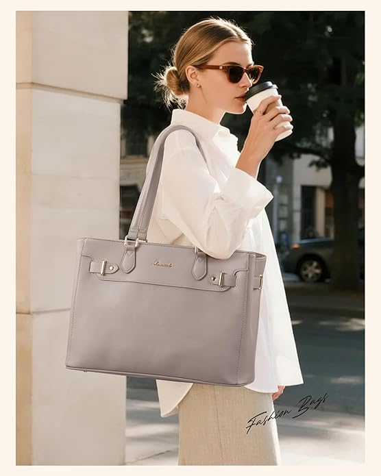 LOVEVOOK Laptop Tote Bag for Women Work, Teacher Tote Bag with Large Cup Holder, 15.6 Inch Waterproof Leather Computer Bag