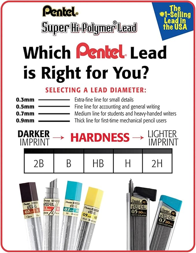 Pentel Super Hi-Polymer Mechanical Pencil Lead Refill - 0.5mm, 0.7mm, 0.9mm - 90 Lead refills (30 of Each Size)