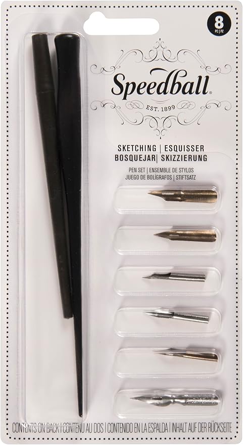 Speedball Sketching Set with Penholders and Pens, Set of 8 (SB2964), Black