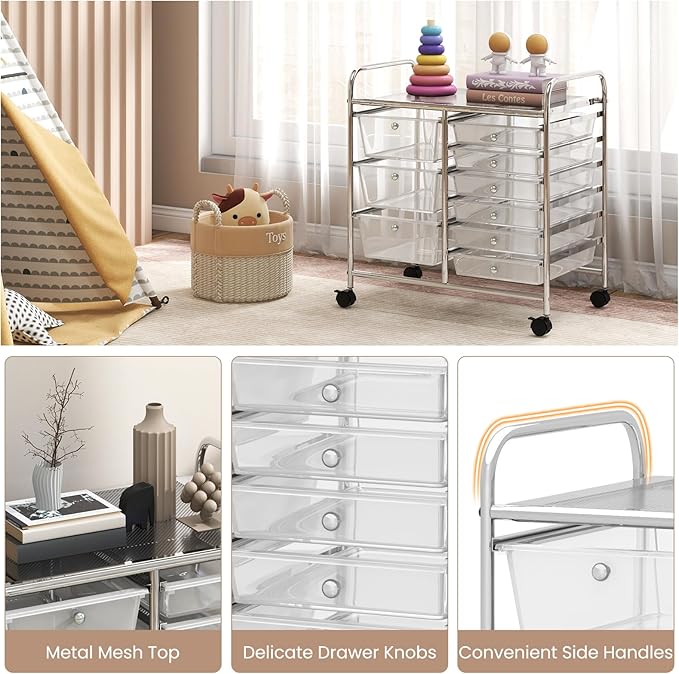 COSTWAY Rolling Storage Cart with 9 Drawer, Mobile Utility Cart with Metal Frame, Art Supply Craft Organizer, Multipurpose Storage Organizer for Paper, Office, School Teacher, Classroom, Transparent