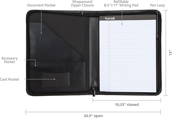 Samsill Contrast Stitch Leather Zippered Portfolio Folder/Business Portfolio for Men and Women, Resume/Document Organizer with Writing Pad, Black (71720)