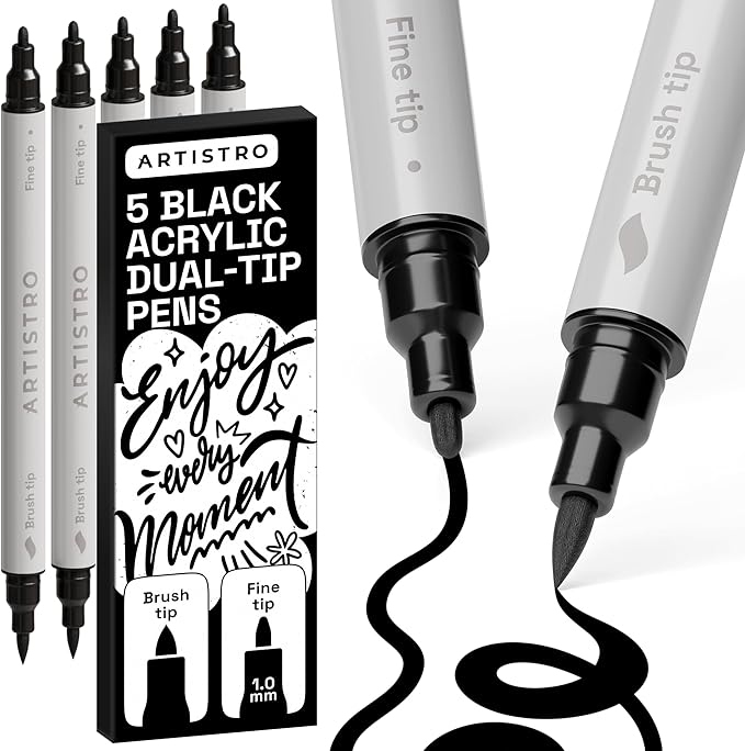ARTISTRO 5 Black Acrylic Paint Markers - Paint Pens for Calligraphy, Brush + Fine Tips - For Fabric, Rock, Glass, Wood, DIY, Craft, Canvas - Art and Craft Supplies for Adults, Teens, Kids