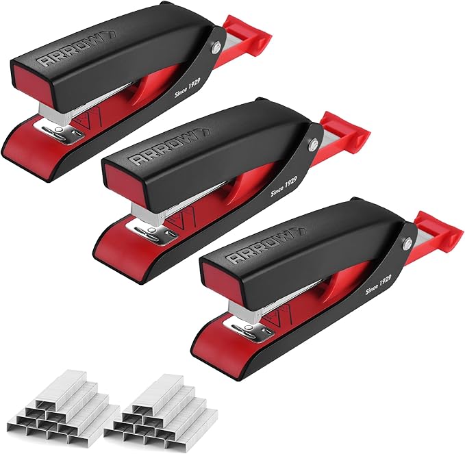 Arrow Office Stapler Set, 25 Sheet Capacity Metal Desk Staplers with 2100 Staples, Half Strip Design and Non-Slip Base, Spare Staple Storage for Classroom, Office and Home, 3 Pack