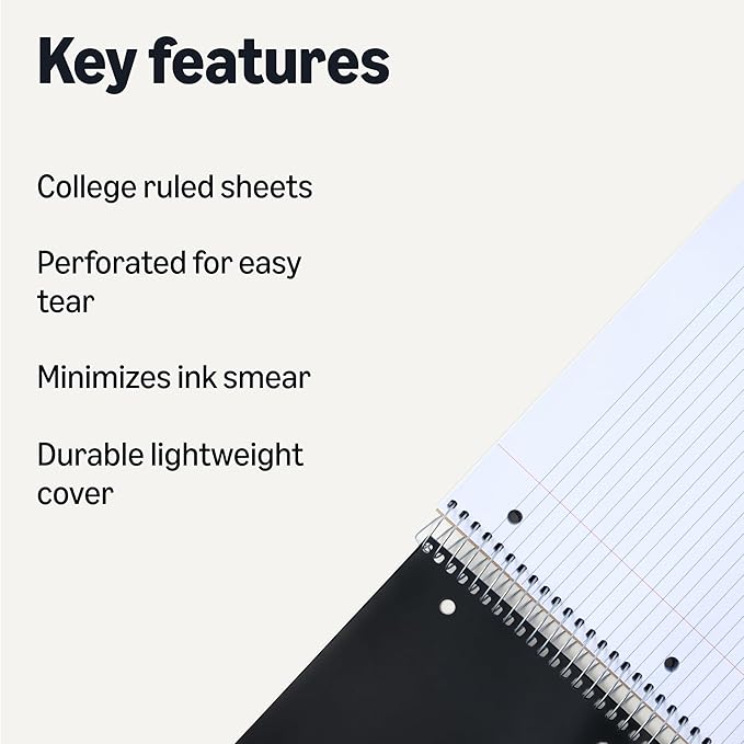 Amazon Basics College Ruled Spiral Notebook, Poly Cover, 5 Subject, 200 Sheets, 9" x 11", Black, 1-pack