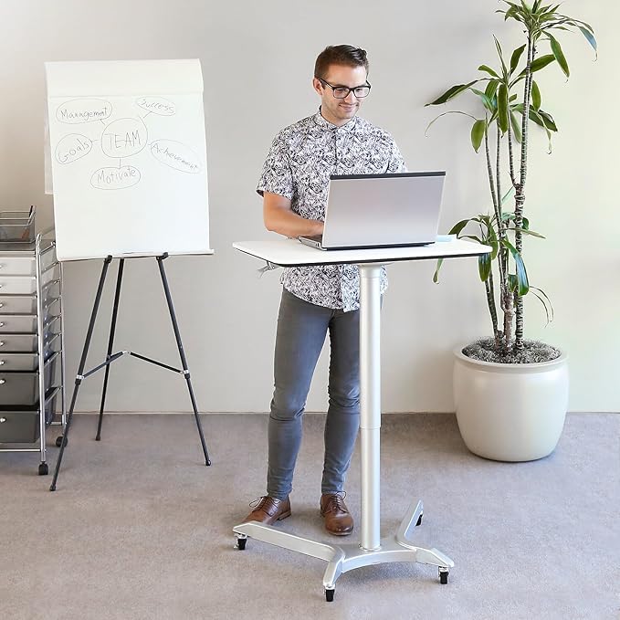 Seville Classics AIRLIFT XL 28" Pneumatic Height Adjustable Sit-Stand Mobile Laptop Computer Desk Cart (27.1" to 41.9" H), White