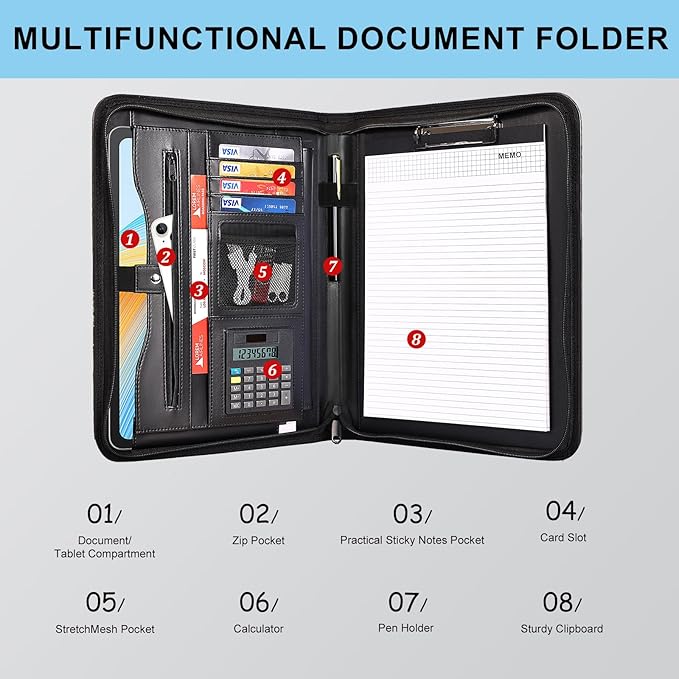 Eshow Leather Portfolio Professional Business Padfolio with Zipper - Interview Resume Notefolio Premium Legal Document Organizer with Card Holder, Writing Pad and File Folders for Men and Women
