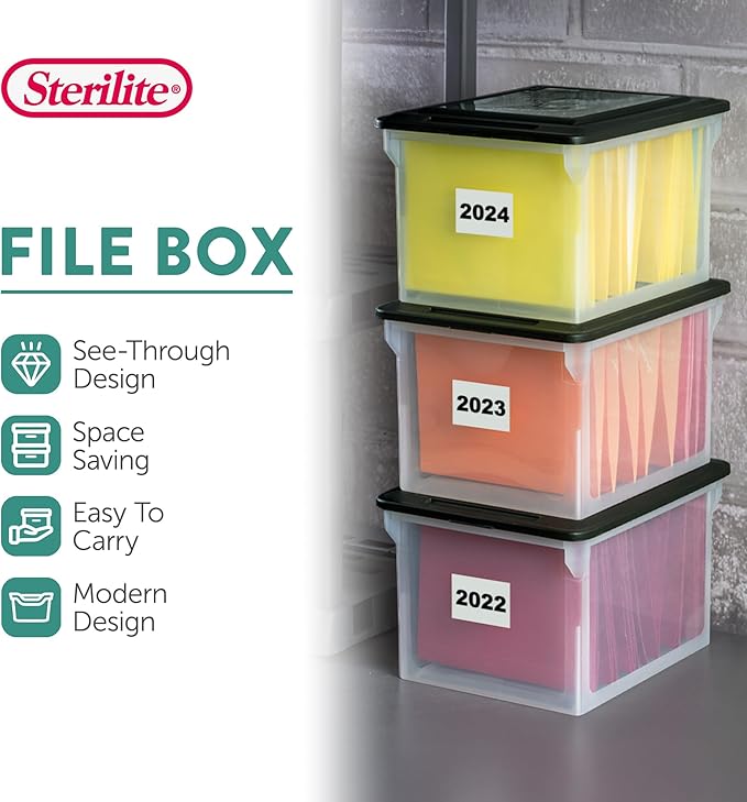 Sterilite File Box, Stackable Storage Bin with Lid, Organize Receipts, Bills, Taxes and Papers in the Home, Office, Clear Base with Black Lid, 12-Pack