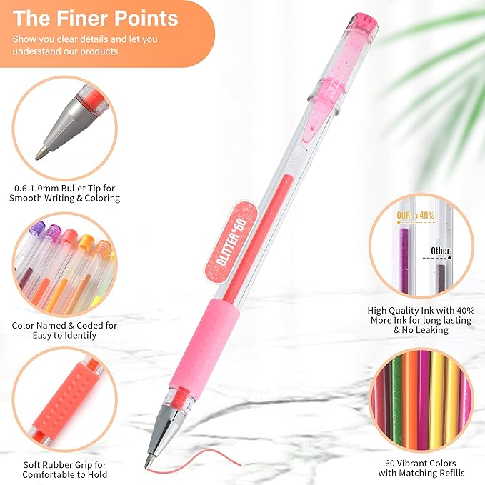 120 Pack Glitter Gel Pens Set, ZSCM 60 Colors Glitter Pens With 60 Refills, Colored Gel Pen For Adults Coloring Books Drawing Journaling Scrapbook
