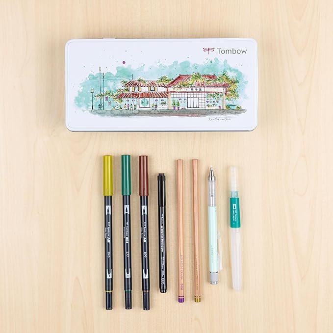 Tombow 56305 Urban Sketching Set, 8-Piece Art Set with Dual Brush Pens, Colored Pencils, Water Brush, Mechanical Pencil, Drawing Pen