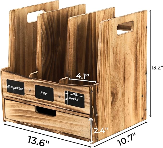Wooden Desk File Organizer, Desktop Document Folder Holder with 3 Compartments and 1 Drawer, Desk Organizer Binder Rack with Chalkboard Label, Magazine Storage Box Mail Sorter for Office Home