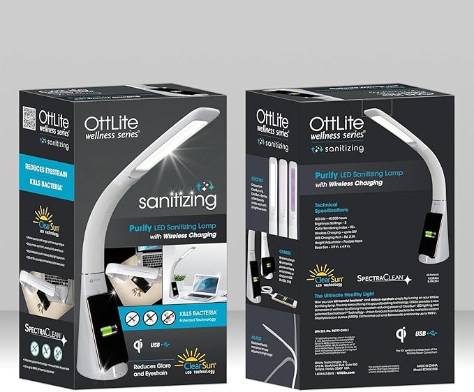 OttLite Purify LED Sanitizing Desk Lamp with Wireless Charging – Eliminates up to 99.9% of Bacteria, Touch Activated, Flexible Neck, Modern Light for Reading, Crafting & Office Desktop