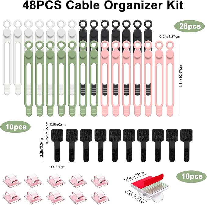 OneLeaf 48Pcs Silicone Cable Ties, Elastic Cord Ties for Cable Organizer, Reusable Wire Management, Cord Organizer Essentials, Multipurpose Cable Management for Travel/Portable/Office/Home Desk
