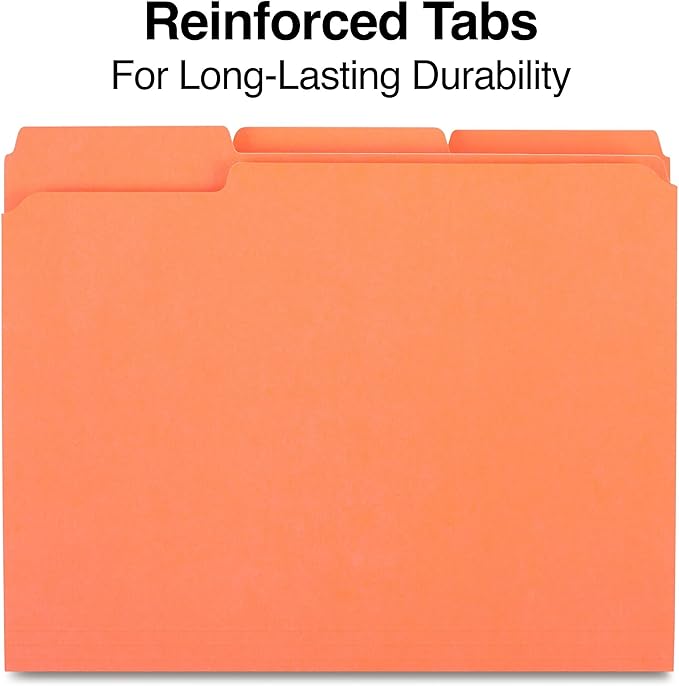 Staples Reinforced Colored File Folders, Letter Size, 3‑Tab Design, Orange, Heavy‑Duty Construction, 100/Box