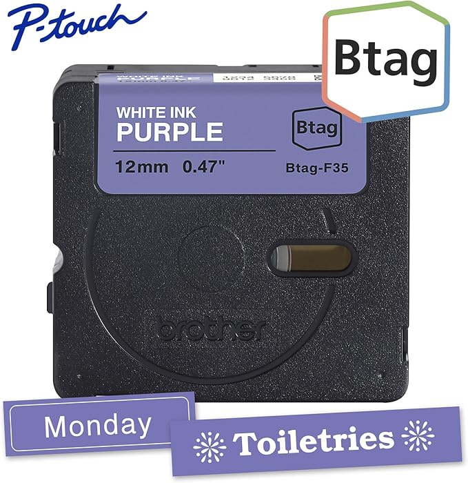Brother Genuine P-Touch Btag BTAGF35 White on Purple Label Tape ~1/2in by 13.1ft (12mm x 4m). Use only with Btag PT-N10, PT-N20, PT-N25BT Label Makers