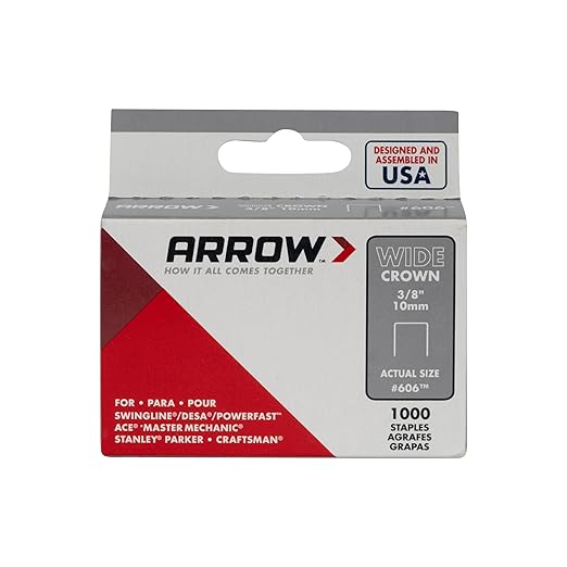 Arrow 60630 Wide Crown Staples for Staple Guns and Staplers, Use for Upholstery, Crafts, General Repairs, 3/8-Inch Leg Length, 1/2-Inch Crown Width, 1000 Count (Pack of 1)