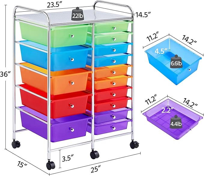Yaheetech 15 Drawers Rolling Storage Cart Multipurpose Mobile Rolling Utility Storage Organizer Cart Tools Scrapbook Paper Organizer on Wheels, Multicolor