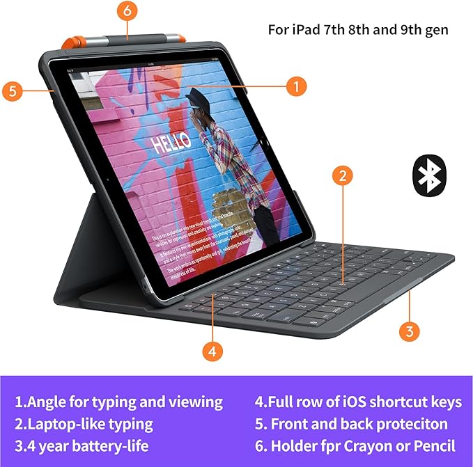 Logitech iPad (7th, 8th and 9th Generation) Keyboard Case | Slim Folio with Integrated Wireless Keyboard (Graphite), 7.3" x 10.1" x 0.9"