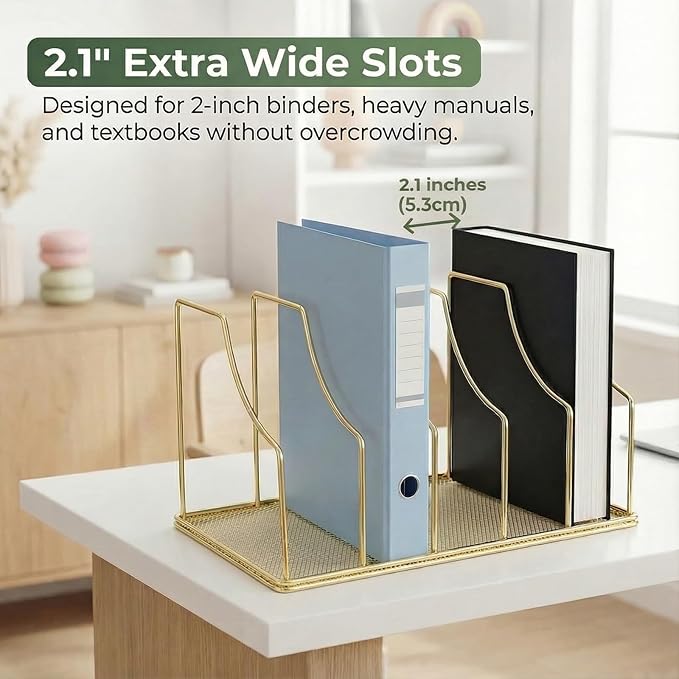 Simmer Stone Gold Binder Organizer for Desk, 5 Slot Metal Wire Vertical File Sorter with Mesh Bottom, Large Desktop Magazine Holder Rack for 2 Inch Binders, Medical Coding Books, Vinyl Records, 12.1"