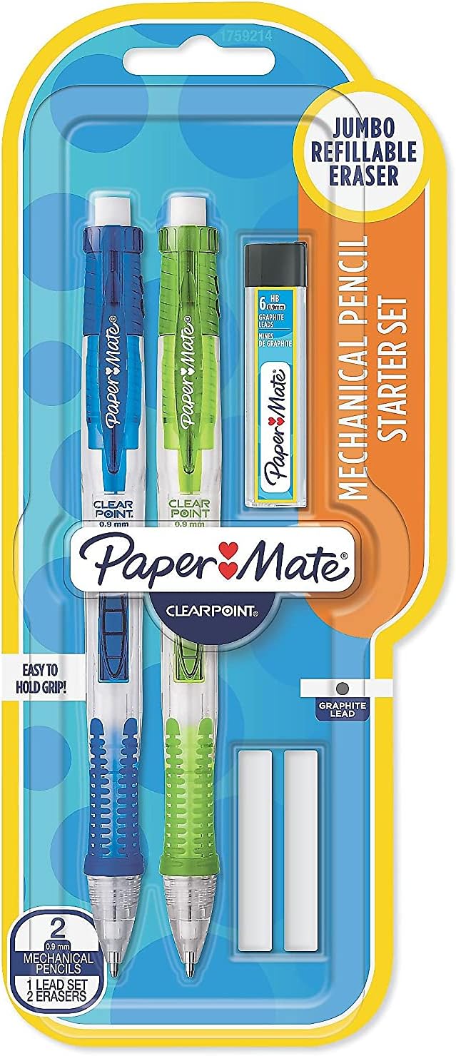 Paper Mate 1759214 Clear Point Mechanical Pencil Starter Set, 0.9 mm, Lime Green, Royal Blue, 2/Set