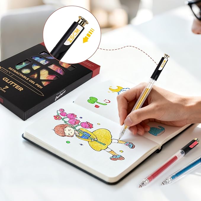 Retractable Glitter Gel Pens, 7 Colors Large Capacity Sparkle Shimmer Gel Ink Pens for Adult Coloring, 1.0 mm Fine Point Smooth Writing Color Pen for Party Decor Note Taking Aesthetic Art Supplies