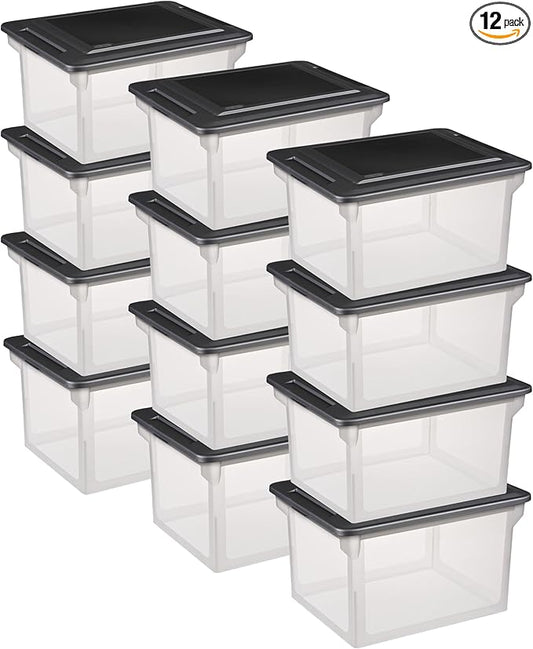Sterilite File Box, Stackable Storage Bin with Lid, Organize Receipts, Bills, Taxes and Papers in the Home, Office, Clear Base with Black Lid, 12-Pack