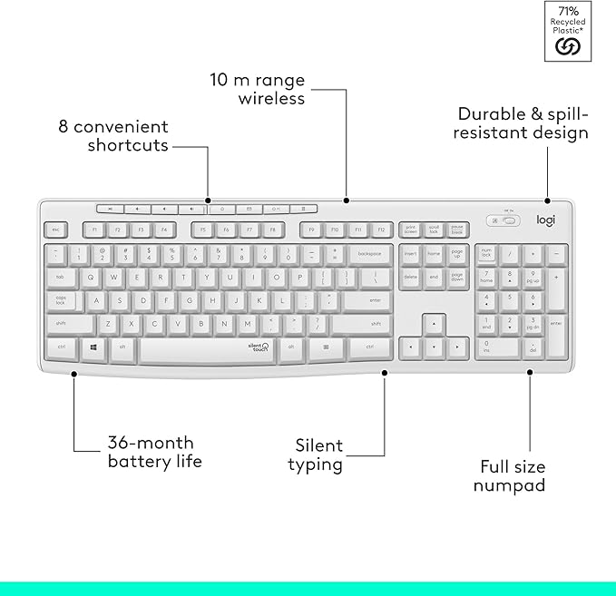 Logitech MK295 Wireless Mouse & Keyboard Combo with SilentTouch Technology, Full Numpad, Advanced Optical Tracking, Lag-Free Wireless, 90% Less Noise - Off White