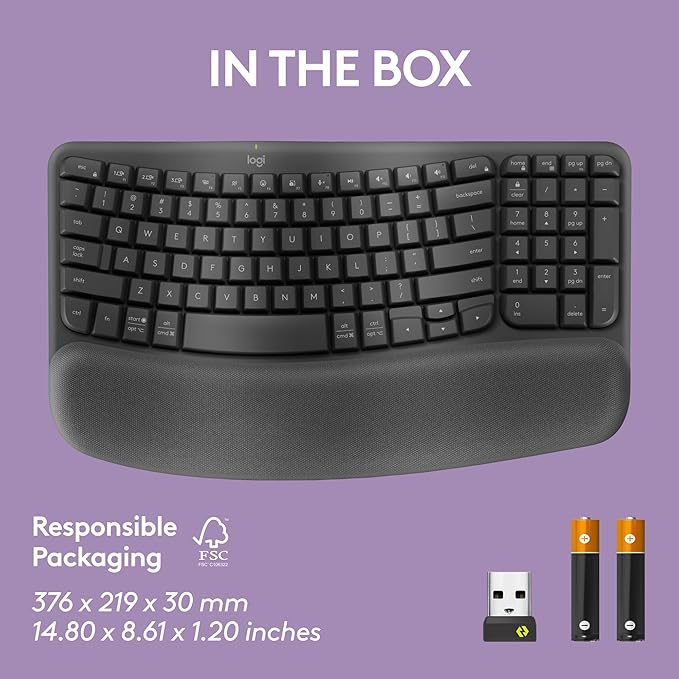 Logitech Wave Keys Wireless Ergonomic Keyboard with Cushioned Palm Rest, Comfortable Natural Typing, Easy-Switch, Bluetooth, Logi Bolt Receiver, for Multi-OS, Windows/Mac - Graphite