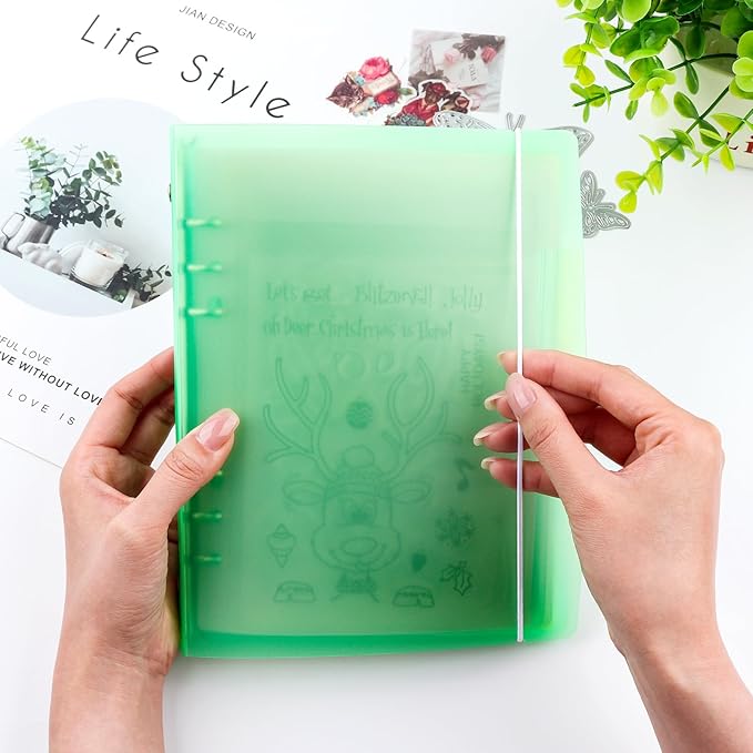 BAOFALI 2Pcs/Set A5 6 Ring Binder Cover Clean Transparent Soft PVC for Refillable Notebook Shell withMatte surfaceforStamp & Die Storage (Green)
