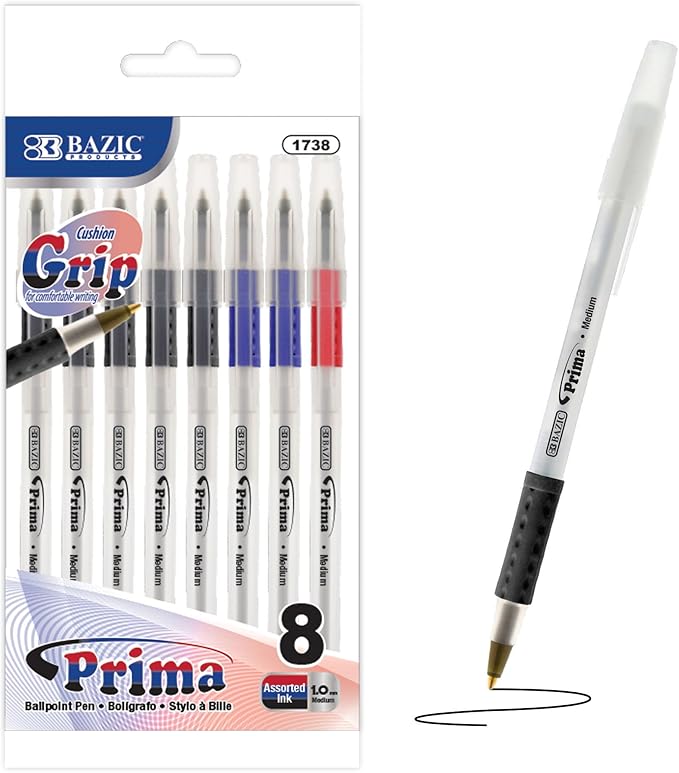 BAZIC 1738 Prima Assorted Color Stick Pen w/Cushion Grip (8/Pack)