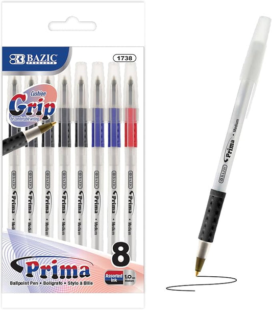 BAZIC 1738 Prima Assorted Color Stick Pen w/Cushion Grip (8/Pack)
