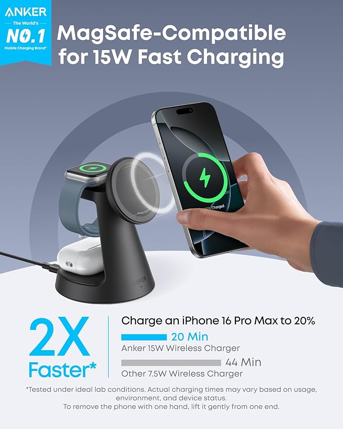 Anker MagSafe Charger Compatible, MagGo 3-in-1 Charging Station, Nano Charging Stand, Qi2 Certified 15W Magnetic Wireless Charger Dock, for iPhone17/16/15/14, Apple Watch,AirPods (Adapter Included)