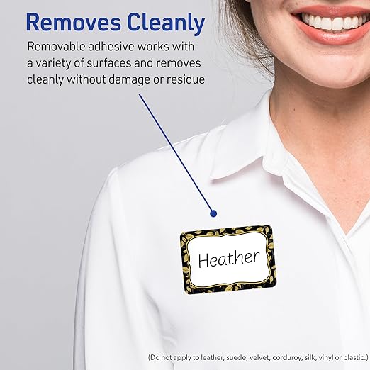 Avery Printable Adhesive Name Badges, 2-1/3" x 3-3/8", Pre-Printed Flourished Black Border w/Golden Leaves Design, Matte White, Laser & Inkjet Compatible, 80 Total