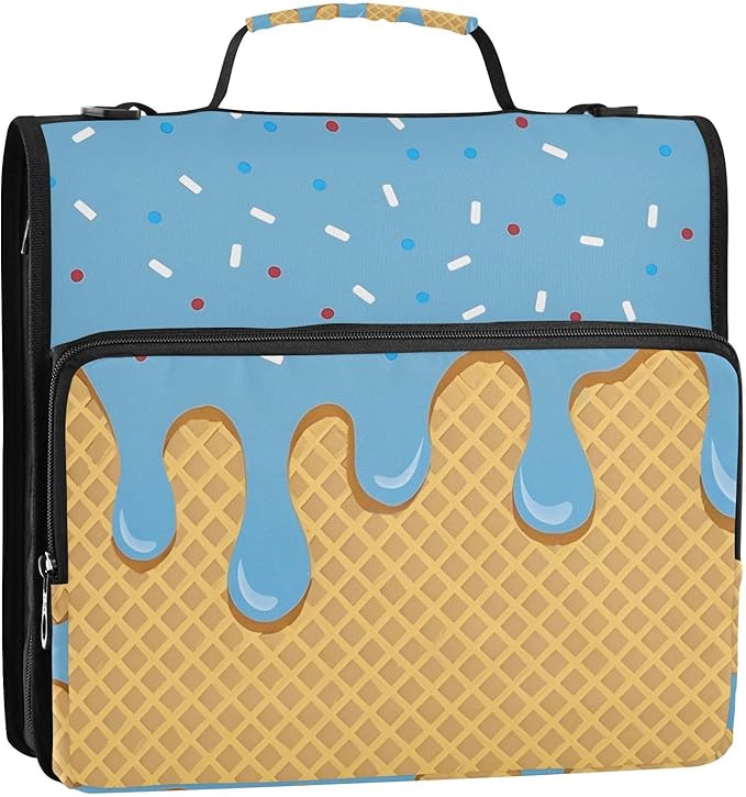 Blue Ice Cream Drip 3 Ring Zipper Binder with Shoulder Strap 1.5 inch Binders Keeper Large Capacity Multi Pockets for School Office Supplies
