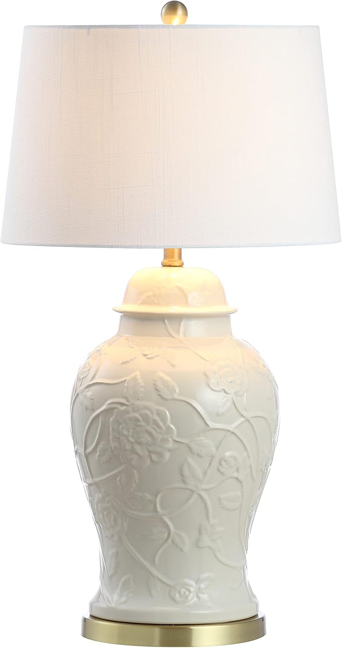 JONATHAN Y 29.5" Cream Ceramic Chinoiserie Table Lamp, Traditional Ginger Jar Lamp for Living Room Bedroom, White Linen Empire Shade, Brass Gold Base, LED Bulb Included JYL6604A