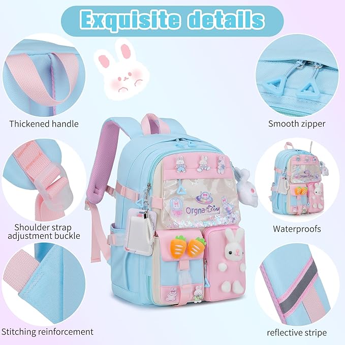 Backpack for Girls Cute Bookbag Set with Lunch Box Pencil Case Kawaii Bunny School Backpacks for Girl 3 Pcs Kindergarten Elementary Preschool Middle Sequin School Bag for Girls (Bluepink)